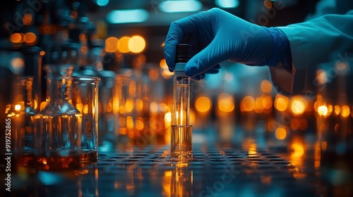 Scientists in a modern laboratory with advanced equipment are conducting a chemical experiment.