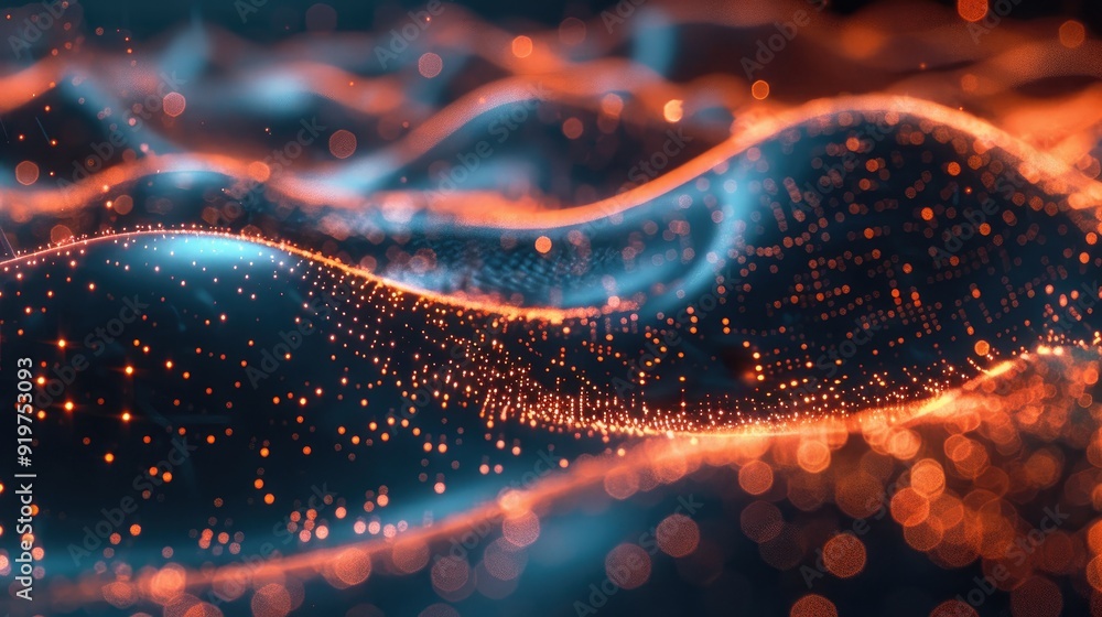 Abstract glowing particles wave in vibrant orange and blue hues. Perfect for tech, futuristic, or energy themes. Abstract glowing particles wave in vibrant orange and blue hues. Perfect for tech, futuristic, or energy themes.
