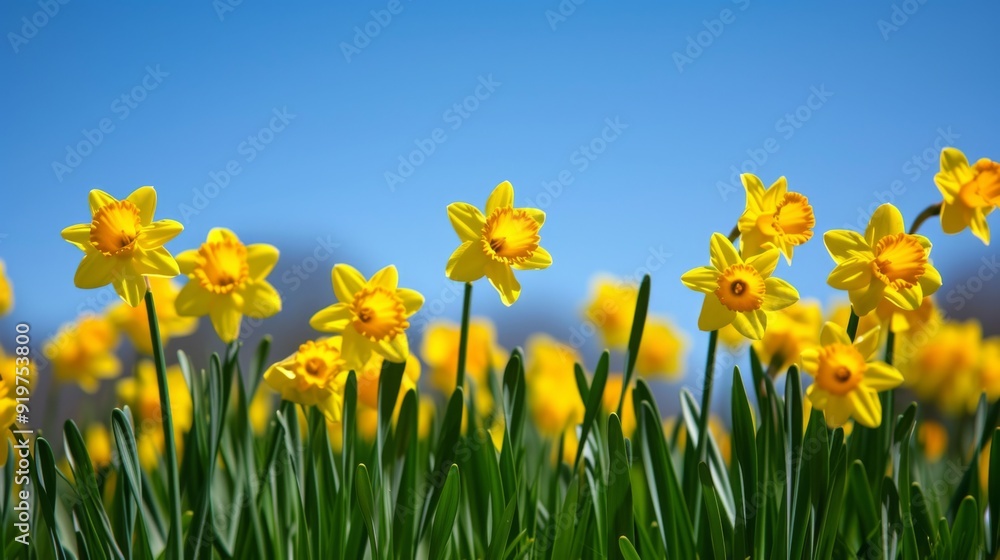 Fototapeta premium Field of bright yellow daffodil flowers in full bloom, under a clear blue sky