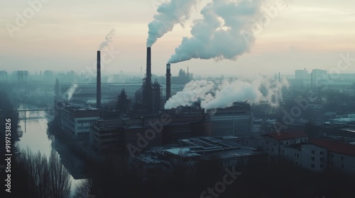 Industrial pollution  harmful emissions from a factory impacting the environment photo