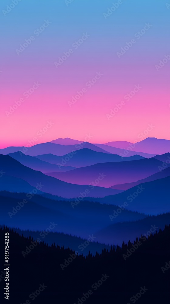 A digital art of mountains at dusk, with gradients from deep purple to pink and blue, capturing the serene beauty of nature's silhouette against the sky A digital art of mountains at dusk, with gradients from deep purple to pink and blue, capturing the serene beauty of nature's silhouette against the sky