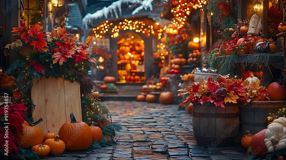 Fototapeta premium A professional-quality photograph showcasing sophisticated Halloween decorations, featuring pumpkins, cornucopias, and maple leaves in warm tones of red, yellow, and orange