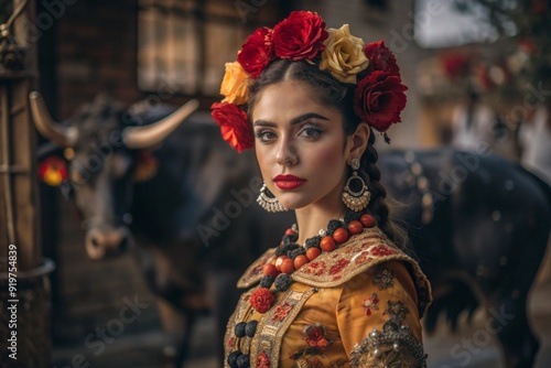 A Spanish girl in a traditional Spanish national costume. Against the background of a bull. Bullfighting. The portrait symbolizes the traditions and culture of the people of Spain. photo