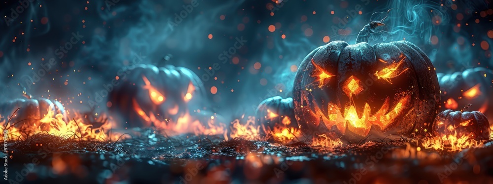 Spooky Halloween Jack-o'-Lanterns Burning in a Dark Forest Spooky Halloween Jack-o'-Lanterns Burning in a Dark Forest