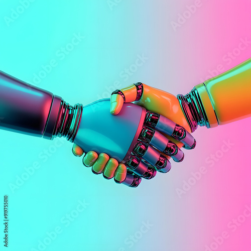 Colorful robotic arms shaking hands on a gradient background