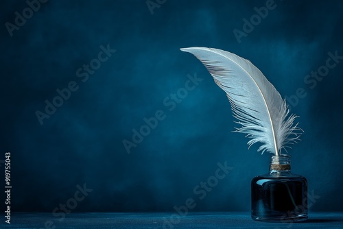 Feather Quill in Glass Inkwell on Deep Blue Background, Evoking a Sense of Classic Writing, Creativity