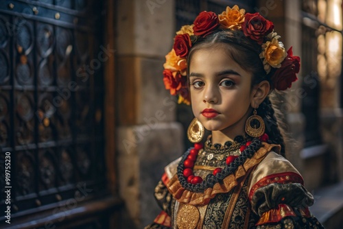 A Spanish girl in a traditional Spanish national costume. Against the background of a bull. Bullfighting. The portrait symbolizes the traditions and culture of the people of Spain. photo