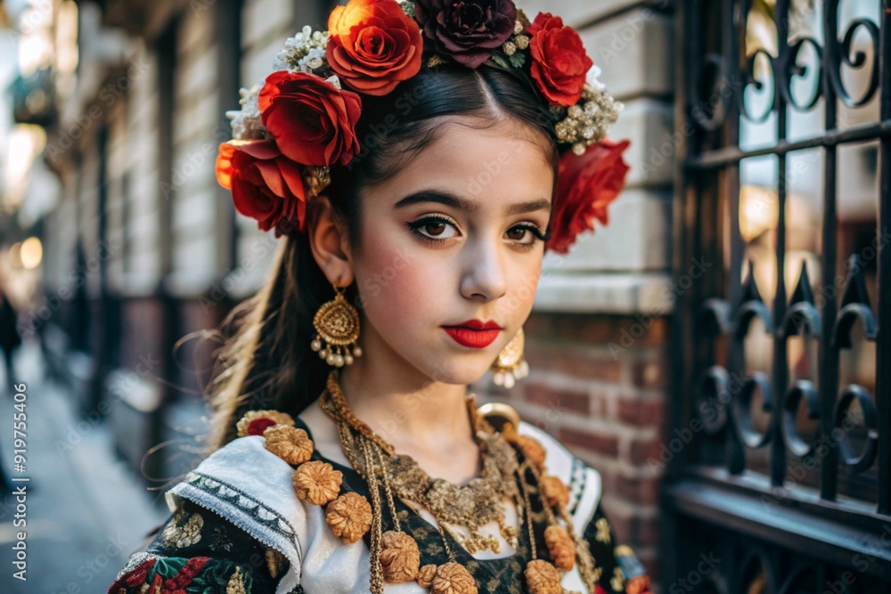 A Spanish girl in a traditional Spanish national costume. Against the background of a bull. Bullfighting. The portrait symbolizes the traditions and culture of the people of Spain. A Spanish girl in a traditional Spanish national costume. Against the background of a bull. Bullfighting. The portrait symbolizes the traditions and culture of the people of Spain.