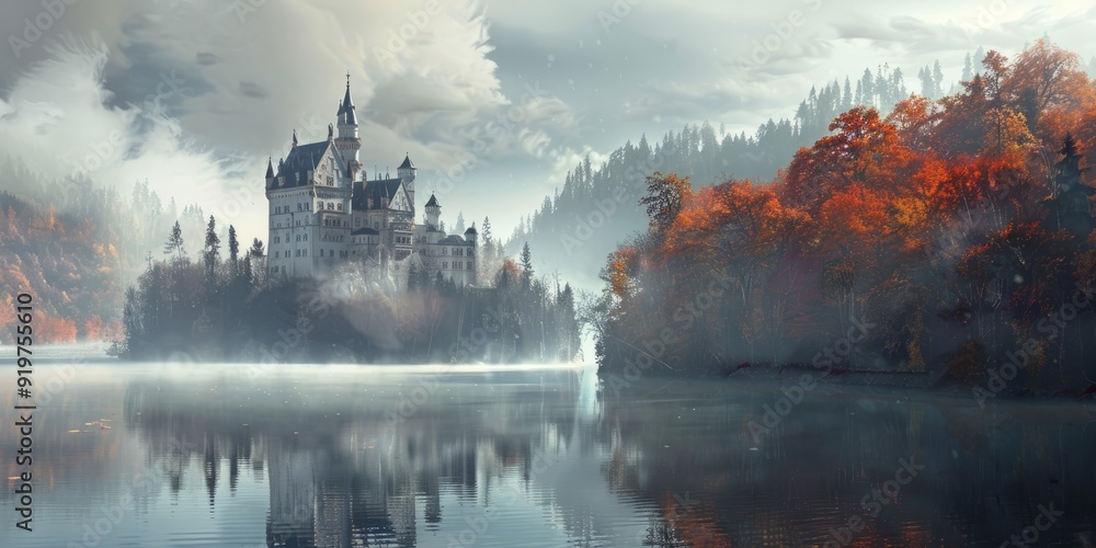 Misty Castle Scene with Lake and Autumn Trees. Cold, Atmospheric, Rural Background