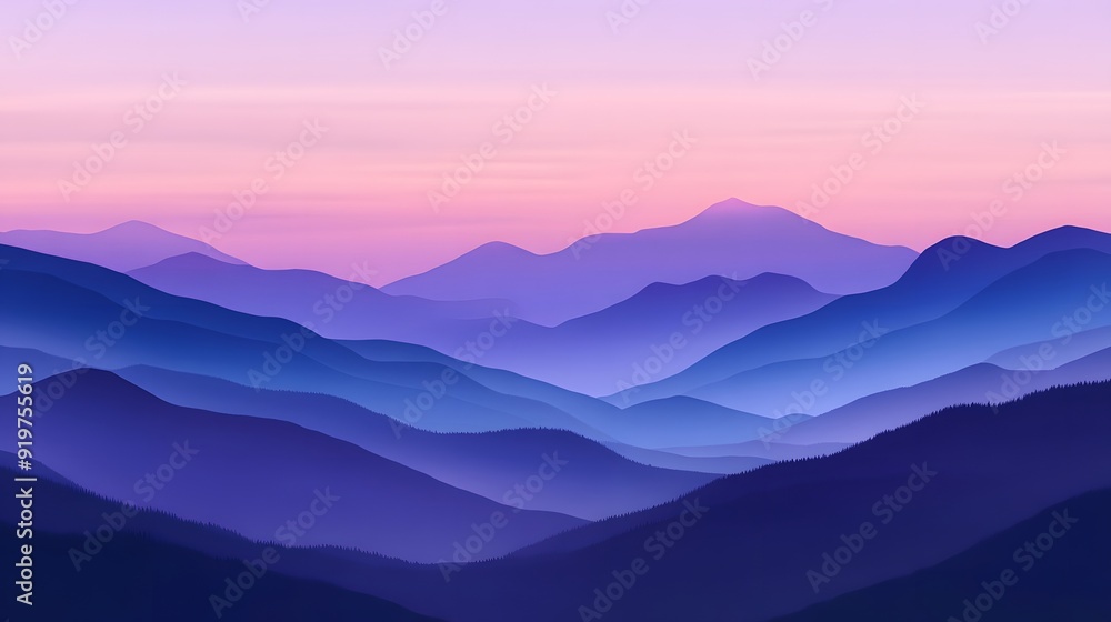 A digital art of mountains at dusk, with gradients from deep purple to pink and blue, capturing the serene beauty of nature's silhouette against the sky A digital art of mountains at dusk, with gradients from deep purple to pink and blue, capturing the serene beauty of nature's silhouette against the sky