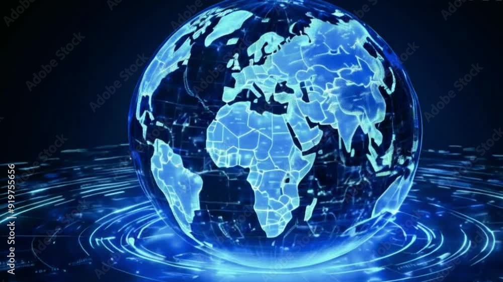 Blue Holographic Globe with Glowing Data Streams: AI Networks, Virtual Reality, and Geospatial Data Visualization Blue Holographic Globe with Glowing Data Streams: AI Networks, Virtual Reality, and Geospatial Data Visualization