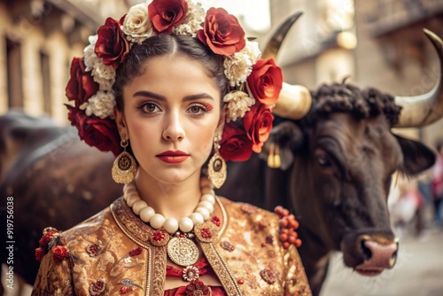 A Spanish girl in a traditional Spanish national costume. Against the background of a bull. Bullfighting. The portrait symbolizes the traditions and culture of the people of Spain.