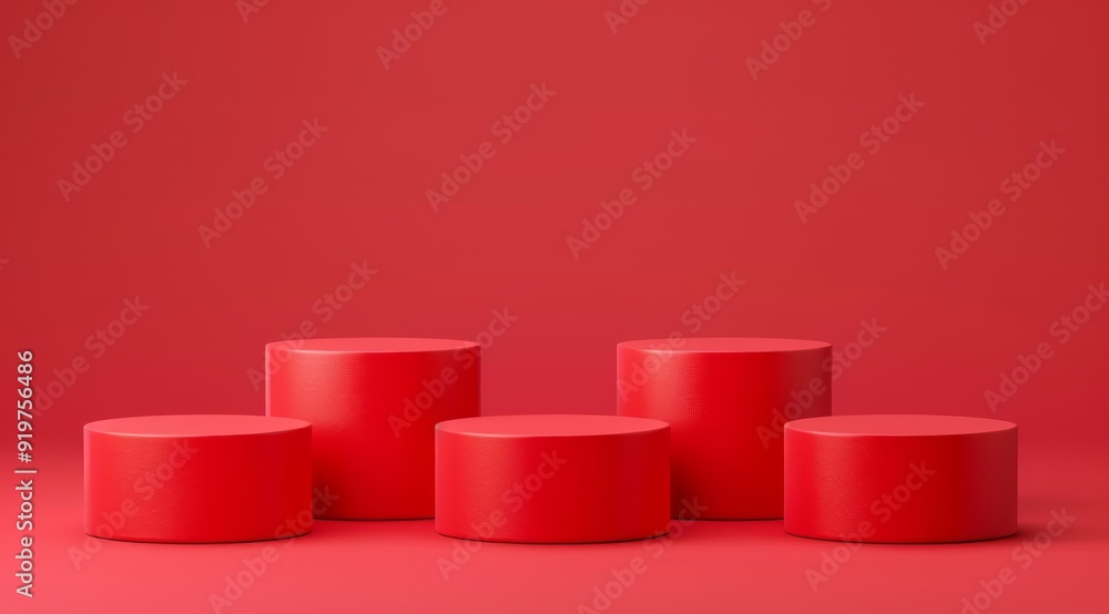 This is a striking arrangement of five vibrant red podiums positioned against a bold and captivating backdrop, making it the perfect setup for showcasing a variety of products or artistic displays This is a striking arrangement of five vibrant red podiums positioned against a bold and captivating backdrop, making it the perfect setup for showcasing a variety of products or artistic displays