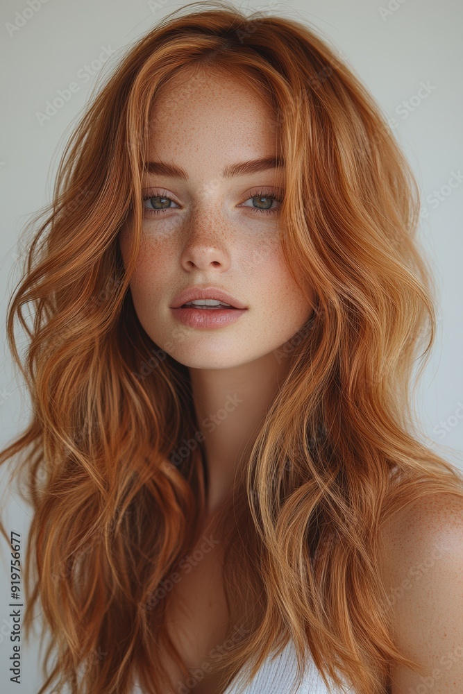 Attractive woman with wavy red hair posing in a light background Attractive woman with wavy red hair posing in a light background