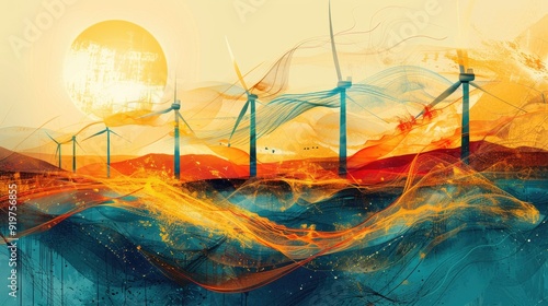 Abstract painting of wind turbines in a field at sunset. Vibrant colors and dynamic brushstrokes create a sense of energy and movement. photo