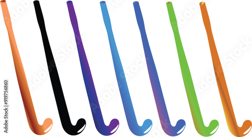Seven hockey sticks set golden green purple blue black and wooden color all isolated on transparent white background