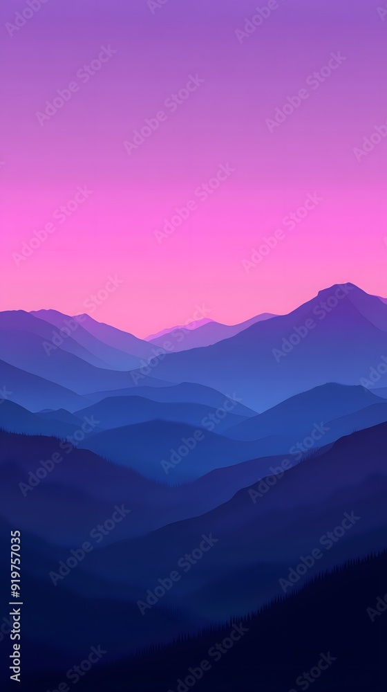 A digital art of mountains at dusk, with gradients from deep purple to pink and blue, capturing the serene beauty of nature's silhouette against the sky A digital art of mountains at dusk, with gradients from deep purple to pink and blue, capturing the serene beauty of nature's silhouette against the sky