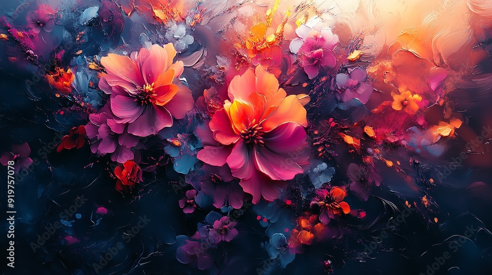 Fototapeta premium Colorful blooming flowers with different shades of pink, orange, and blue against a blue background.