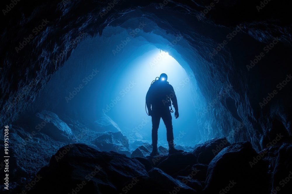 Obraz premium A lone diver in silhouette stands dramatically at the entrance of a cave, backlit by a blue glow, symbolizing exploration, courage, and the allure of the unknown.