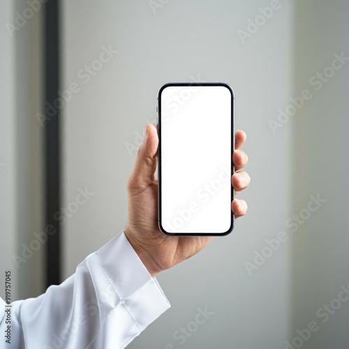 saudi man Hand holding smart phone Mockup a isolated for Infographic Business web site design app
