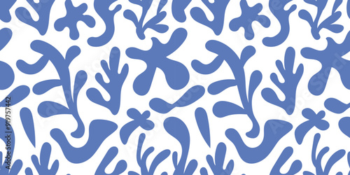 Seamless pattern with bizarre abstract geometric blue shapes.
