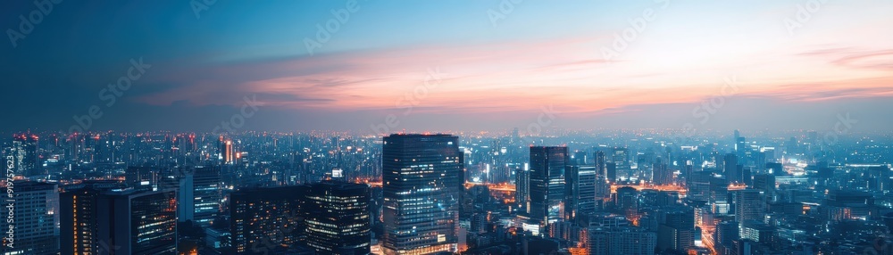 Panoramic cityscape of a bustling metropolis at dusk with illuminated buildings and a beautiful, colorful sunset sky in the background. Panoramic cityscape of a bustling metropolis at dusk with illuminated buildings and a beautiful, colorful sunset sky in the background.