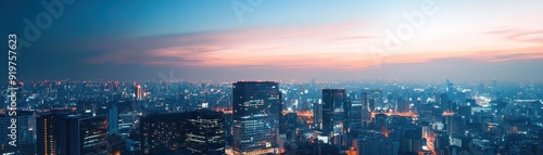 Wallpaper Mural Panoramic cityscape of a bustling metropolis at dusk with illuminated buildings and a beautiful, colorful sunset sky in the background. Torontodigital.ca
