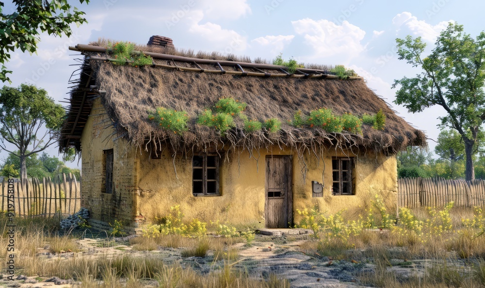 Rustic clay house with traditional thatched roof Rustic clay house with traditional thatched roof