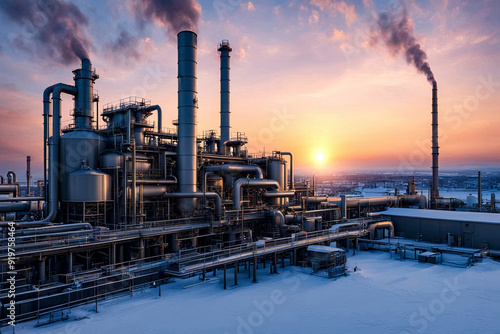 Industrial factory with furnace and heat exchanger cracking hydrocarbons, sunset. Equipment petrochemical plant. Manufacturing and industry technology concept. Gen ai illustration. Copy ad text space photo