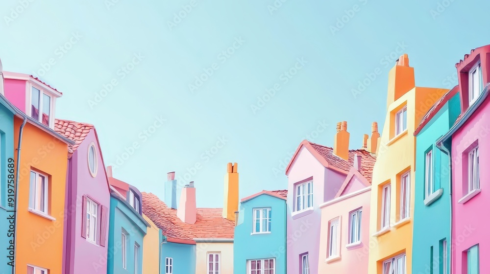Colorful houses with pastel facades standing under a clear blue sky, creating a whimsical and vibrant urban landscape. Colorful houses with pastel facades standing under a clear blue sky, creating a whimsical and vibrant urban landscape.