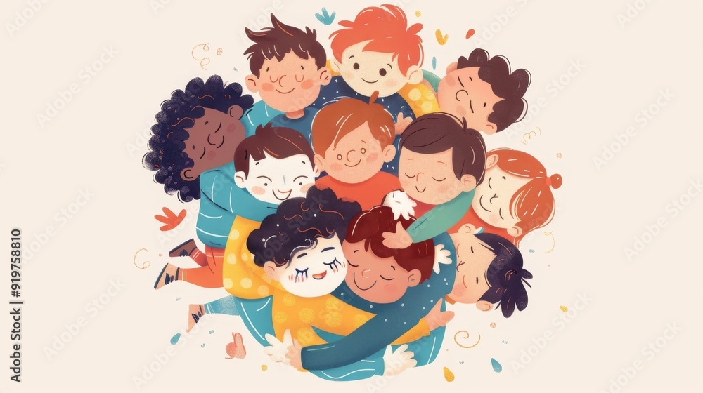 Diverse group of children hugging each other in a circle, celebrating National Hug Day