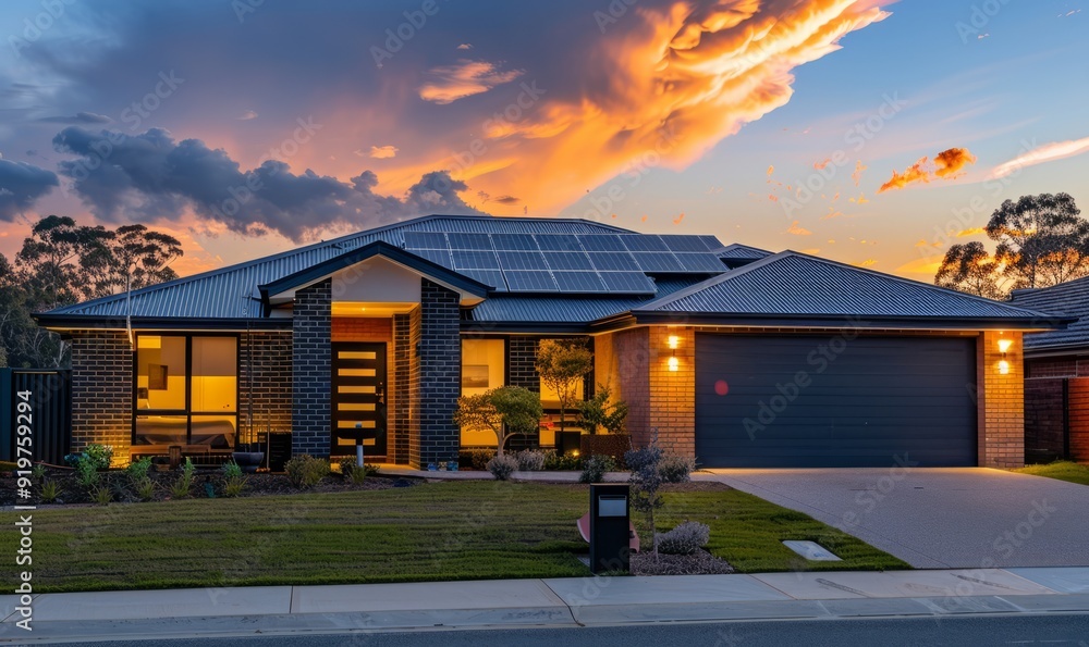 Suburban house with sunset light on bricks and solar panels installed ...