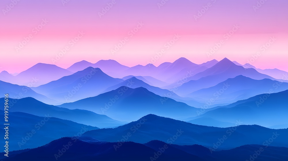 Fototapeta premium A digital art of mountains at dusk, with gradients from deep purple to pink and blue, capturing the serene beauty of nature's silhouette against the sky