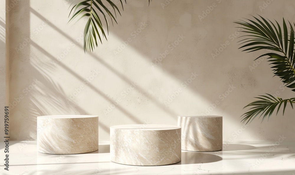 Textured podiums with palm leaf shadow for product display Textured podiums with palm leaf shadow for product display