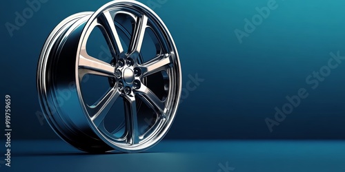 A silver wheel with a black rim is on a blue background