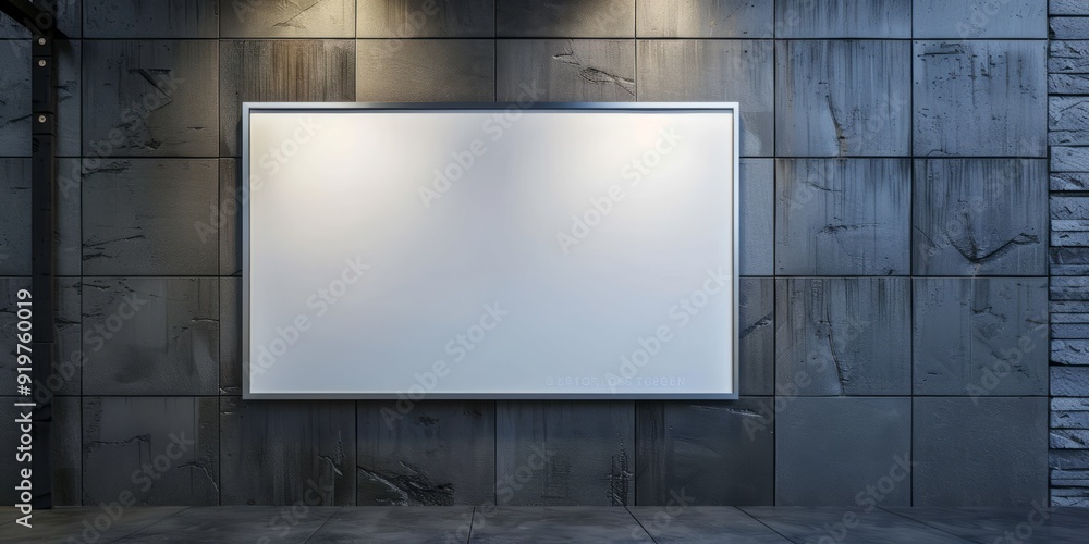 The mockup shows a blank silver glass signboard on a textured wall The mockup shows a blank silver glass signboard on a textured wall