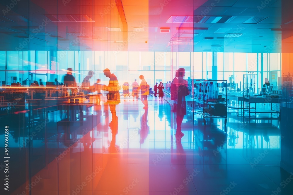 A close-up double exposure of a modern medical laboratory and people A close-up double exposure of a modern medical laboratory and people