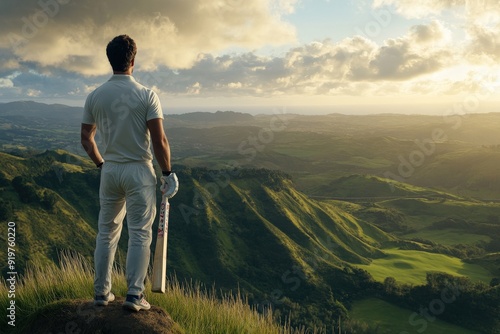 A cricketer stands atop a hill with a bat, contemplating the scenic green vistas below as the sun sets, representing tranquility and introspection in a sporting context.