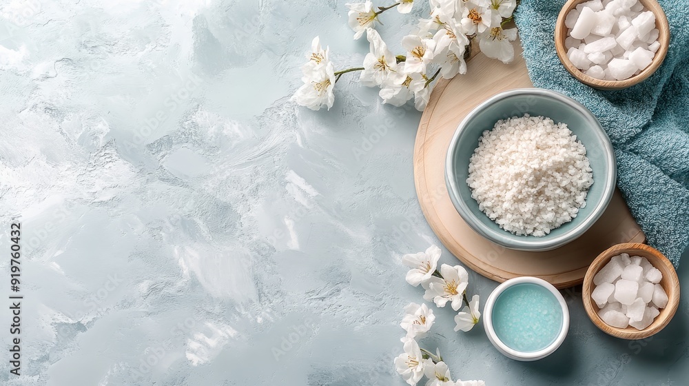 Spa background with natural bath salts, towels, and flowers on a light blue textured surface, perfect for relaxation and wellness concepts. Spa background with natural bath salts, towels, and flowers on a light blue textured surface, perfect for relaxation and wellness concepts.