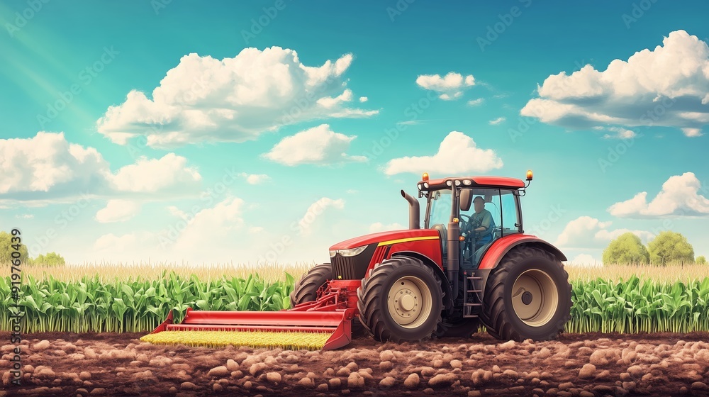 A farmer operates a red tractor cultivating soil in a cornfield under a bright blue sky A farmer operates a red tractor cultivating soil in a cornfield under a bright blue sky