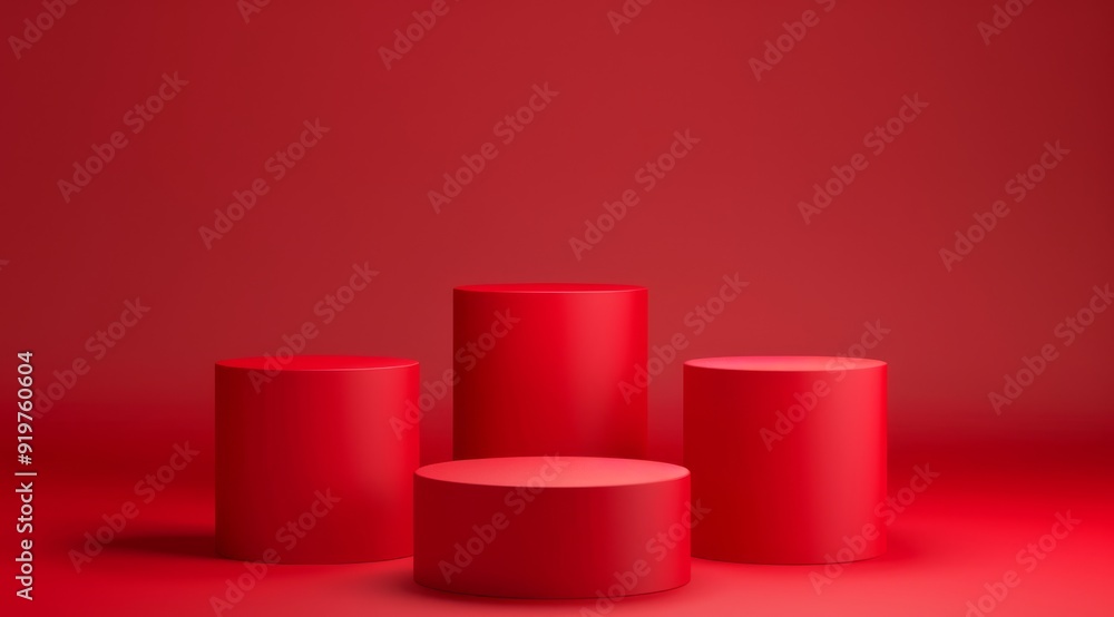 A collection of elegantly designed cylindrical podiums set against a strikingly vibrant red backdrop, making them perfect for presentations, creative displays, or showcasing various products and art A collection of elegantly designed cylindrical podiums set against a strikingly vibrant red backdrop, making them perfect for presentations, creative displays, or showcasing various products and art