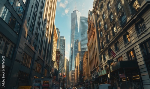 Towering financial skyscrapers viewed from the bustling city streets below