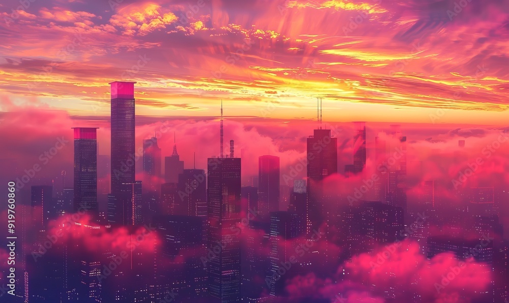 Urban skyline blended with vibrant sunset colors creating a dramatic effect Urban skyline blended with vibrant sunset colors creating a dramatic effect