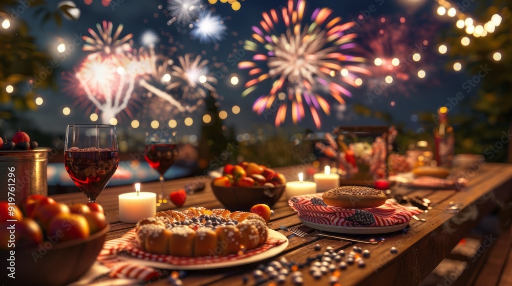 A festive outdoor dinner table with a variety of food and drinks, including wine A festive outdoor dinner table with a variety of food and drinks, including wine