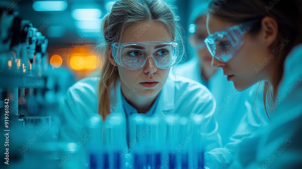 Scientists in a modern laboratory with advanced equipment are conducting a chemical experiment.