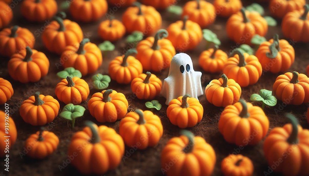 Ghost in a Pumpkin Patch Surrounded by Mini Pumpkins