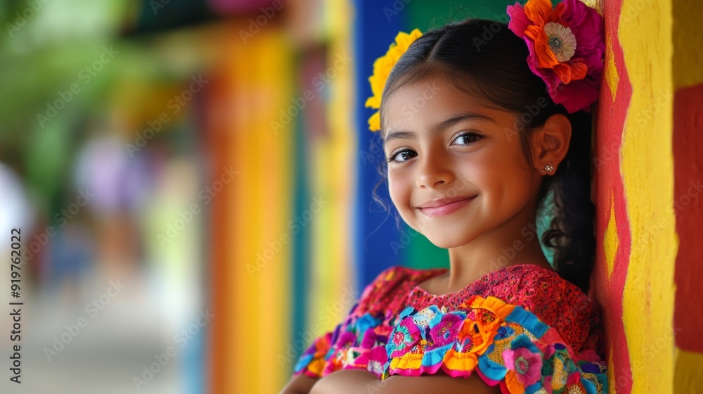 Smiling girl in traditional colorful dress with a floral headpiece. Blurred vibrant background. Concept of culture, tradition, and happiness. Hispanic Heritage Month, celebrating culture Smiling girl in traditional colorful dress with a floral headpiece. Blurred vibrant background. Concept of culture, tradition, and happiness. Hispanic Heritage Month, celebrating culture
