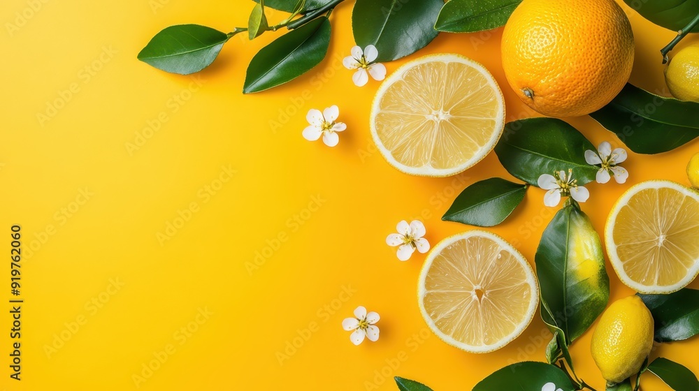 Fresh citrus fruits with leaves and blossoms on vibrant yellow background, showcasing lemons and limes. Perfect for summer themes and freshness. Fresh citrus fruits with leaves and blossoms on vibrant yellow background, showcasing lemons and limes. Perfect for summer themes and freshness.