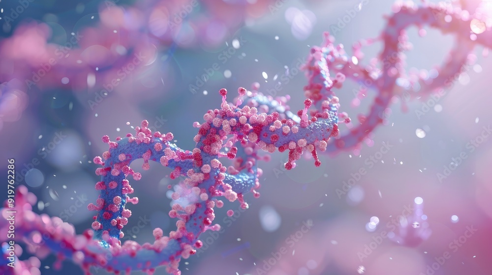 Abstract representation of DNA double helix, rendered in pink and blue tones. Suitable for scientific and medical concepts. Abstract representation of DNA double helix, rendered in pink and blue tones. Suitable for scientific and medical concepts.