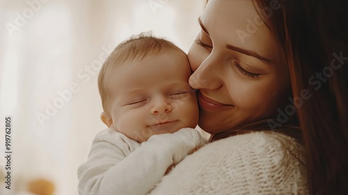 Tender Embrace of New Life: A Mother's Warmth and Love as She Holds Her Newborn Baby Boy